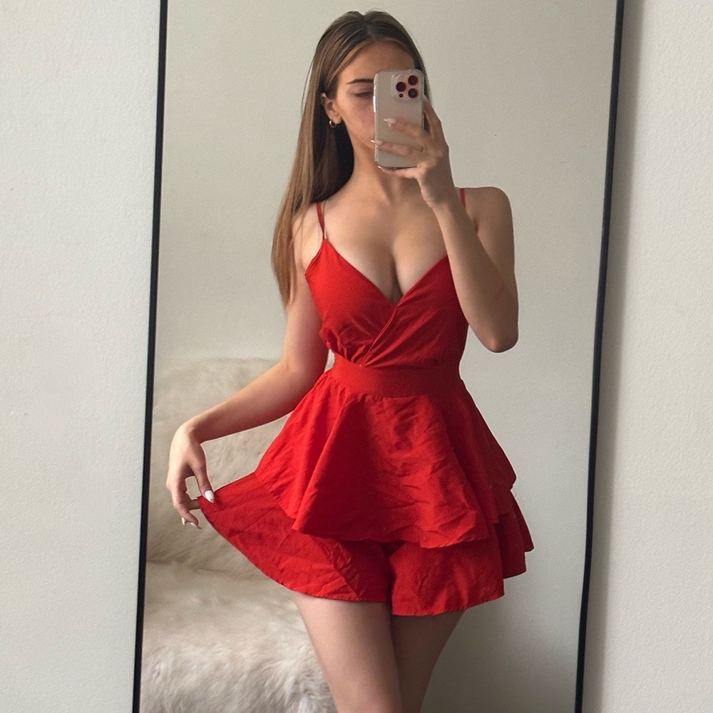 Petite red romper, zip up back, wrap up, rose petal shaped skirt